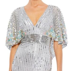 Mac Duggal Silver Sequin Dress with Cape Sleeves NWT